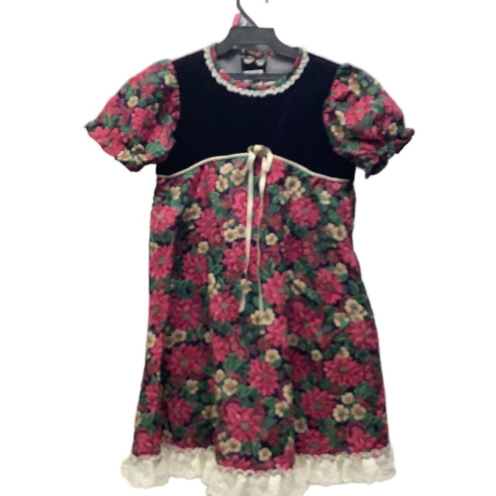 Vtg Roanna‎ Red Christma Dress 6 Lace Collar White Poinsettia Smock Velvet Top
